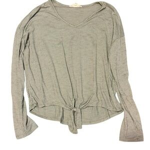 Gray Tie-Front Relaxed Blouse with V-Neck